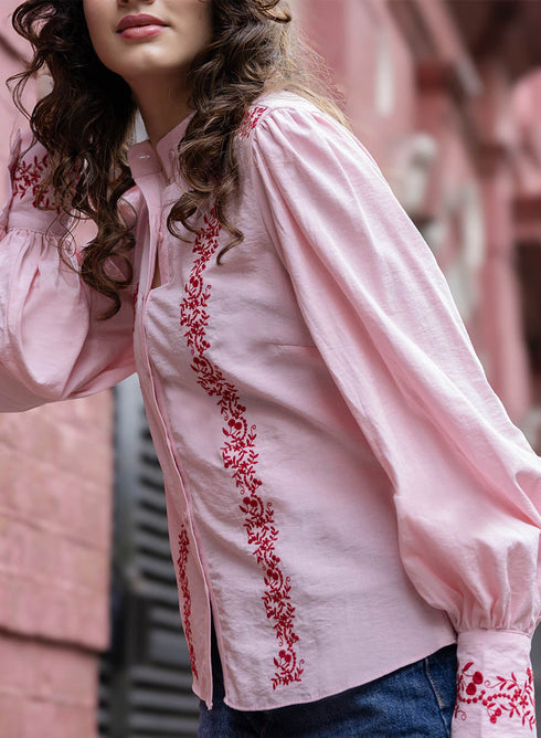 Mandarin Collar Sleeve Embroidered Top