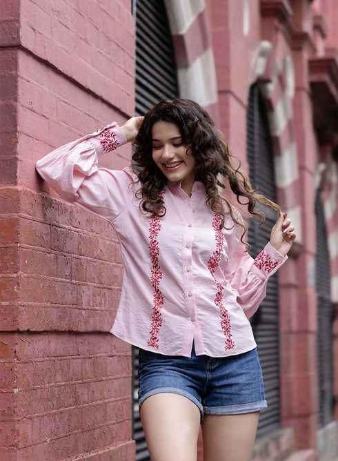 Mandarin Collar Sleeve Embroidered Top