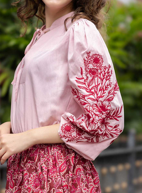 Side Sleeve Embroidered Casual Top