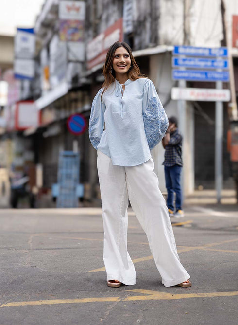 Side Sleeve Embroidered Blue Casual Top