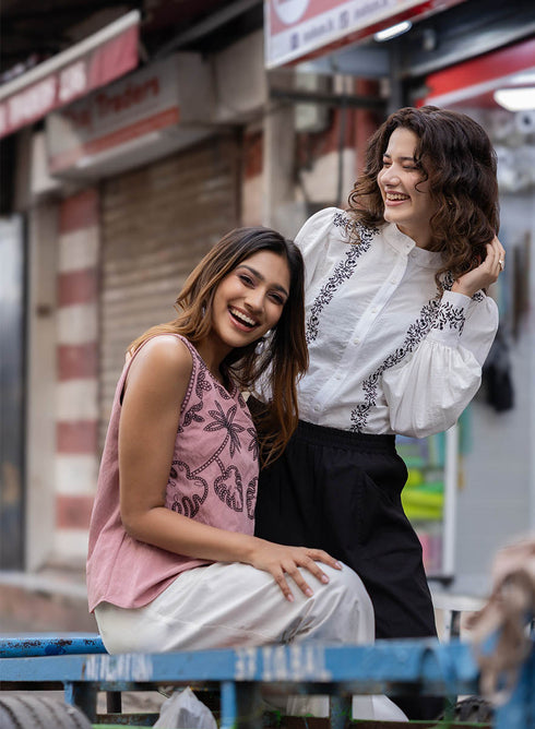 Mandarin Collar Sleeve Embroidered Top