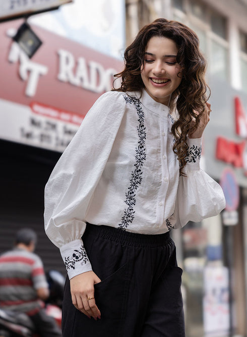 Mandarin Collar Sleeve Embroidered Top
