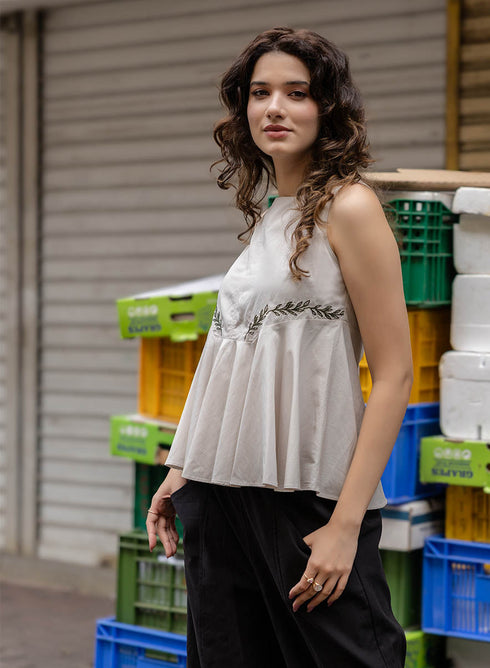 Half Peplumed Sleeveless Embroidered Top