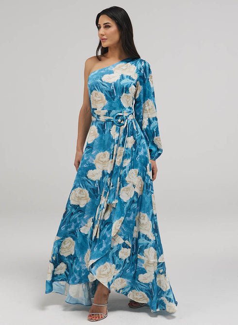 One Shoulder Printed Frill Dress