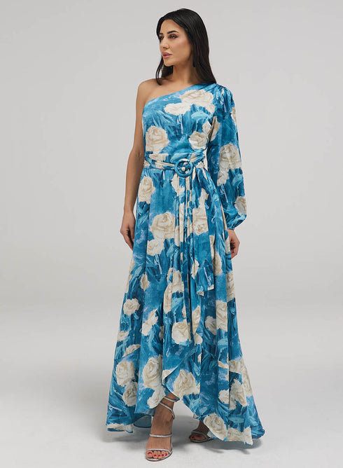 One Shoulder Printed Frill Dress