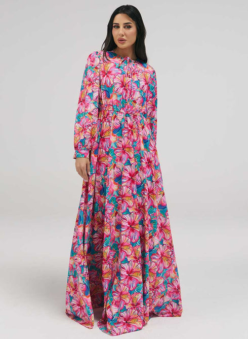 Neck Tie Prined Maxi Dress With Gathered Waist