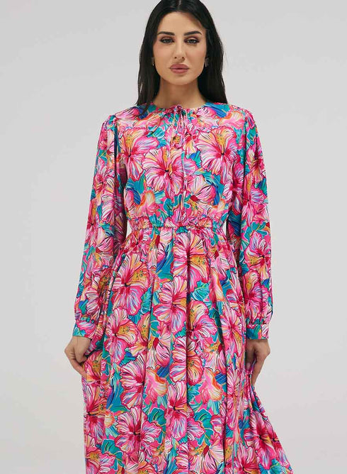 Neck Tie Prined Maxi Dress With Gathered Waist