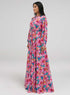 Neck Tie Prined Maxi Dress With Gathered Waist