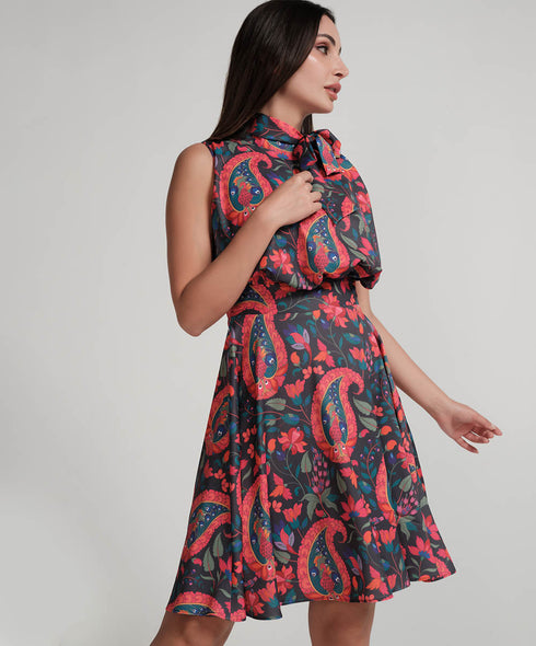 Neck Tie Printed Sleeveles Short Dress