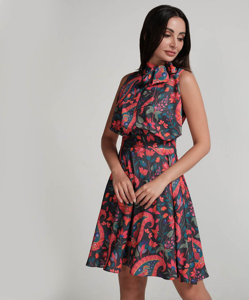 Neck Tie Printed Sleeveles Short Dress
