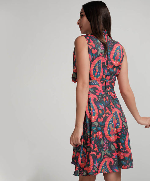 Neck Tie Printed Sleeveles Short Dress