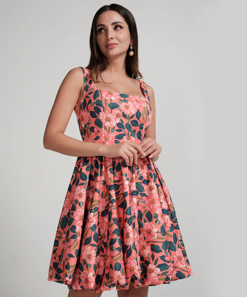 Scoop Neck Printed Balloon Dress