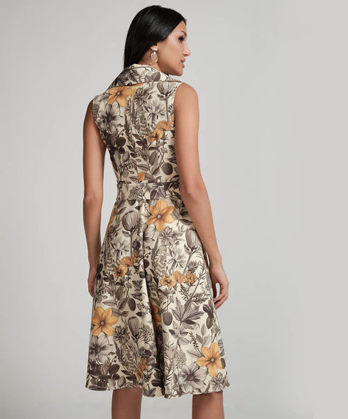 Lapel Attached Printed Sleeveless Dress
