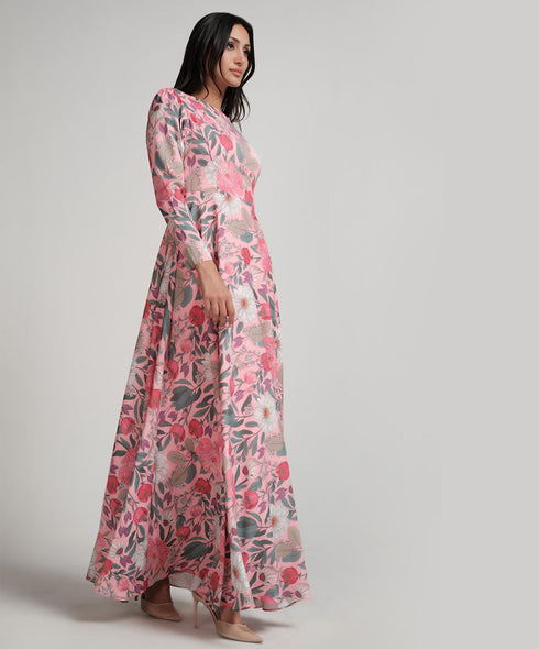 Long Sleeve Printed Chiffon Maxi Dress