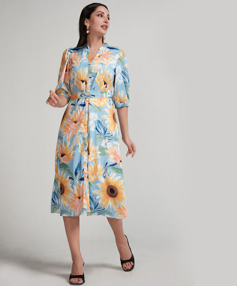 Sun Flower Printed Half Sleeve Aline Chiffon Dress