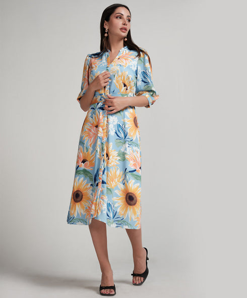 Sun Flower Printed Half Sleeve Aline Chiffon Dress