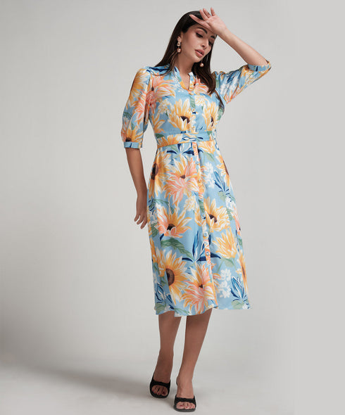 Sun Flower Printed Half Sleeve Aline Chiffon Dress