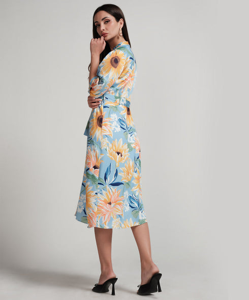 Sun Flower Printed Half Sleeve Aline Chiffon Dress