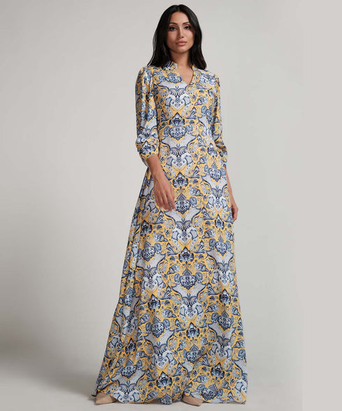 Sleeve Detailed Printed Maxi Dress With A Collar