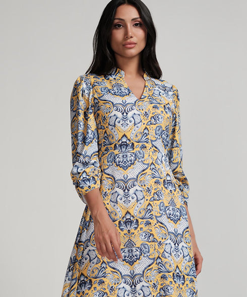 Sleeve Detailed Printed Maxi Dress With A Collar