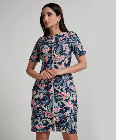 Front Zippered Printed Skater Mini Dress