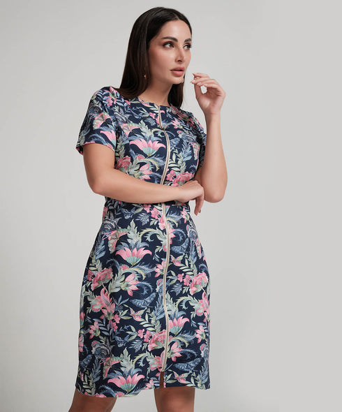 Front Zippered Printed Skater Mini Dress