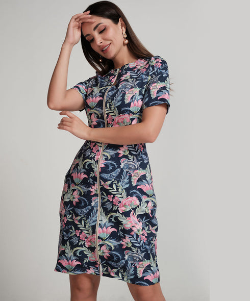 Front Zippered Printed Skater Mini Dress