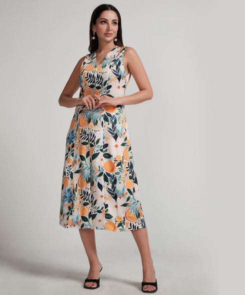 Vneck Sleeveless Satin Printed Shift Dress