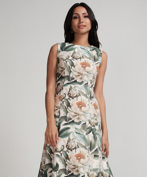 Sleeveless Large Floral Printed Panel Skirt Dress