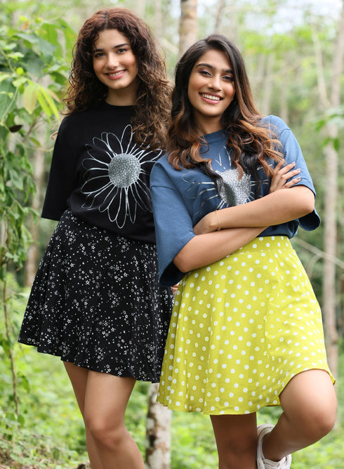 Metallic Flower Printed Black T-shirt