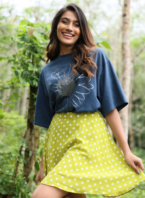 Metallic Flower Printed Navy Blue T-shirt