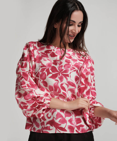 Printed Puffed Sleeve Red Top