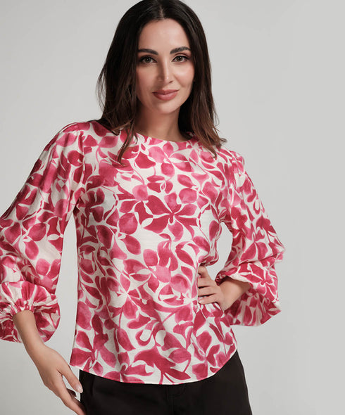 Printed Puffed Sleeve Red Top