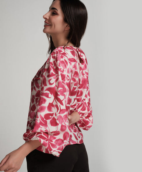 Printed Puffed Sleeve Red Top