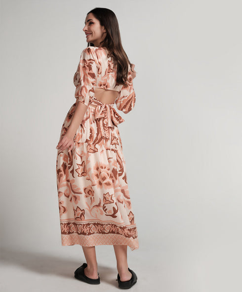 Back Tie Puffed Sleeve Beige Dress