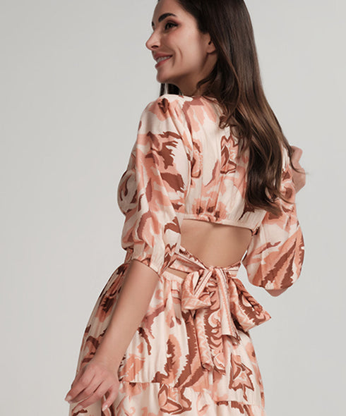 Back Tie Puffed Sleeve Beige Dress