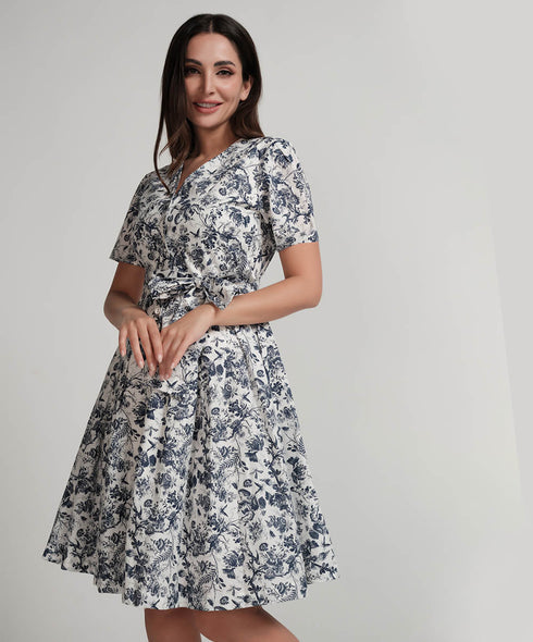 Vneck Printed Waist Tie Dress