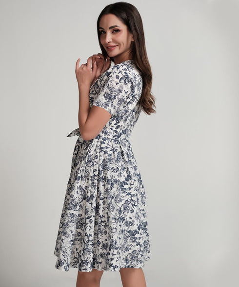 Vneck Printed Waist Tie Dress