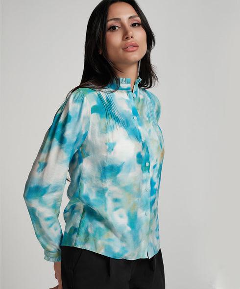 Pintuck Detailed Shaded Blue Printed Top