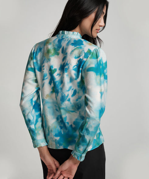 Pintuck Detailed Shaded Blue Printed Top