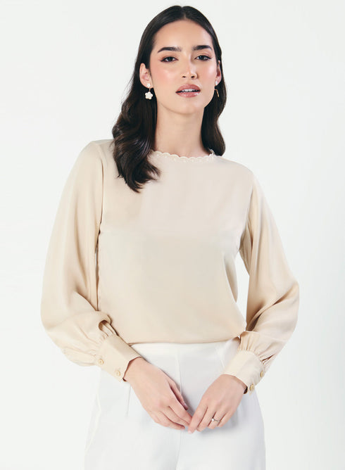 Neck Scalloped Long-Sleeve Light Beige Top