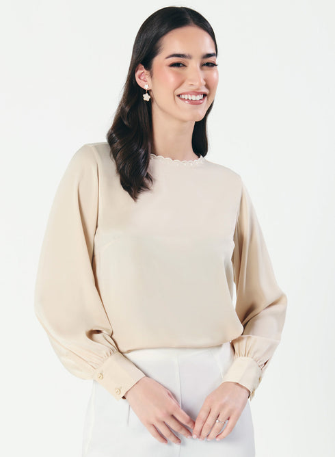 Neck Scalloped Long-Sleeve Light Beige Top