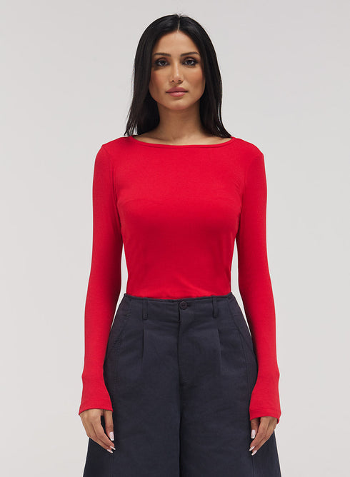 Rib Long Sleeve Top - Red