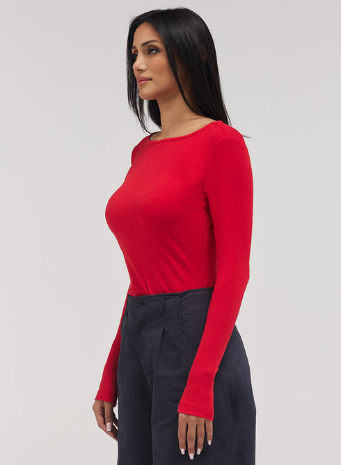 Rib Long Sleeve Top - Red