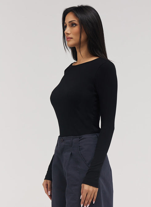 Rib Long Sleeve Top - Black