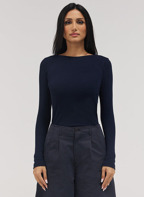 Rib Long Sleeve Top - Navy Blue