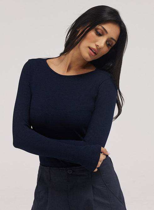 Rib Long Sleeve Top - Navy Blue