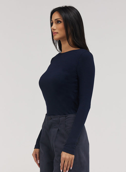 Rib Long Sleeve Top - Navy Blue