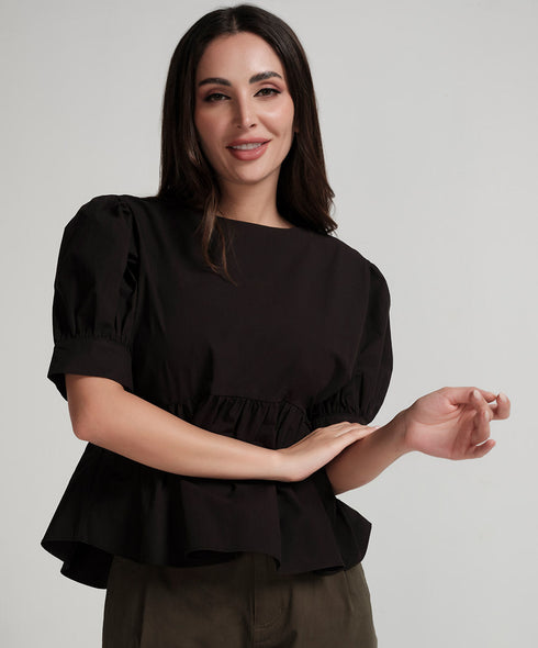 Detailed Line Peplum Black Top