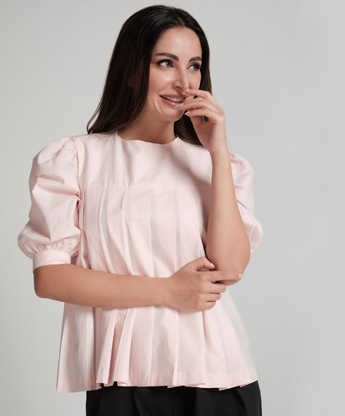 Pleated Short Sleeve Cotton Pink Top